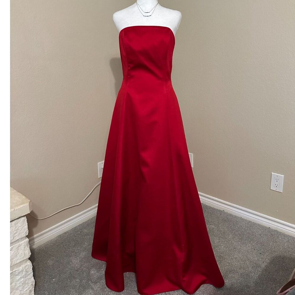 A.B.S. Allen Schwartz Strapless Red Satin Ball Gown Formal Dress 8